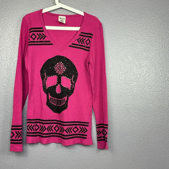 VOCAL Womens CRYSTAL PINK BLACK SUGAR SKULL AZTEC BIKER USA SHIRT XL - Picture 1 of 7